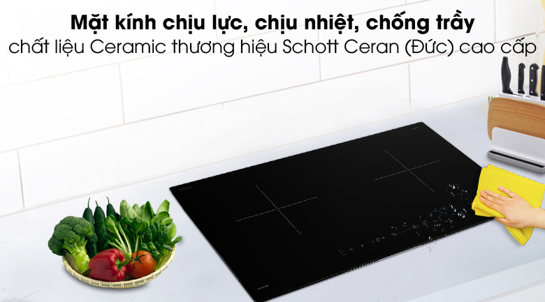 Bếp từ đôi Hafele HC-I2712A với mặt kính cao cấp, dễ lau chùi khi bám bẩn, giúp hạn chế xảy ra lỗi làm nứt vỡ mặt kính