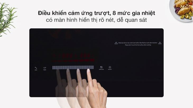 Bảng điều khiển cảm ứng trượt nhạy bén, chỉ dẫn đơn giản dễ hiểu, dễ tùy chỉnh 8 mức công suất, hẹn giờ, khóa trẻ em