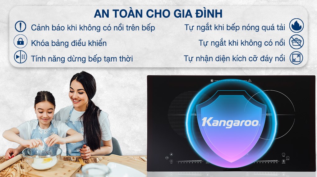 Người dùng cần đặt nồi có kích cỡ phù hợp với bếp từ đôi lắp âm Kangaroo KG855i do bếp sẽ tự động ngắt điện khi không có nồi tương thích