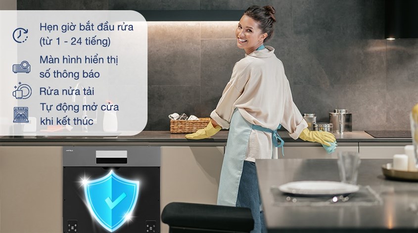 Máy rửa chén bán âm Hafele HDW-SI60AB (538.21.320) cho phép cài đặt thời gian hẹn giờ đền 24 tiếng