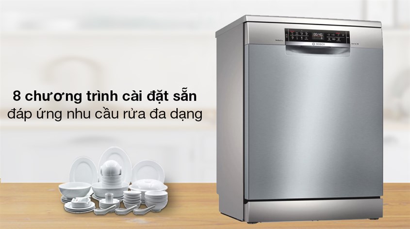 Bạn có thể lựa chọn chương trình rửa tự động phân loại và điều chỉnh trong 8 chương trình có sẵn trên máy rửa chén độc lập Bosch SMS6ZCI49E
