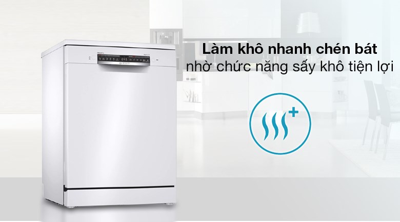Tính năng sấy mạnh giúp sấy khô hoàn toàn các giọt nước còn sót lại, tránh hiện tượng ẩm mốc trên máy rửa chén độc lập Bosch SMS4HAW48E
