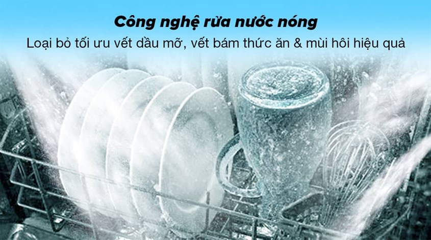 Máy rửa chén độc lập Hafele HDW-F60E (538.21.200) sở hữu công nghệ rửa nước nóng kết hợp cùng hơi nóng có tăng khả năng loại bỏ vết bẩn và mảng bám cứng đầu