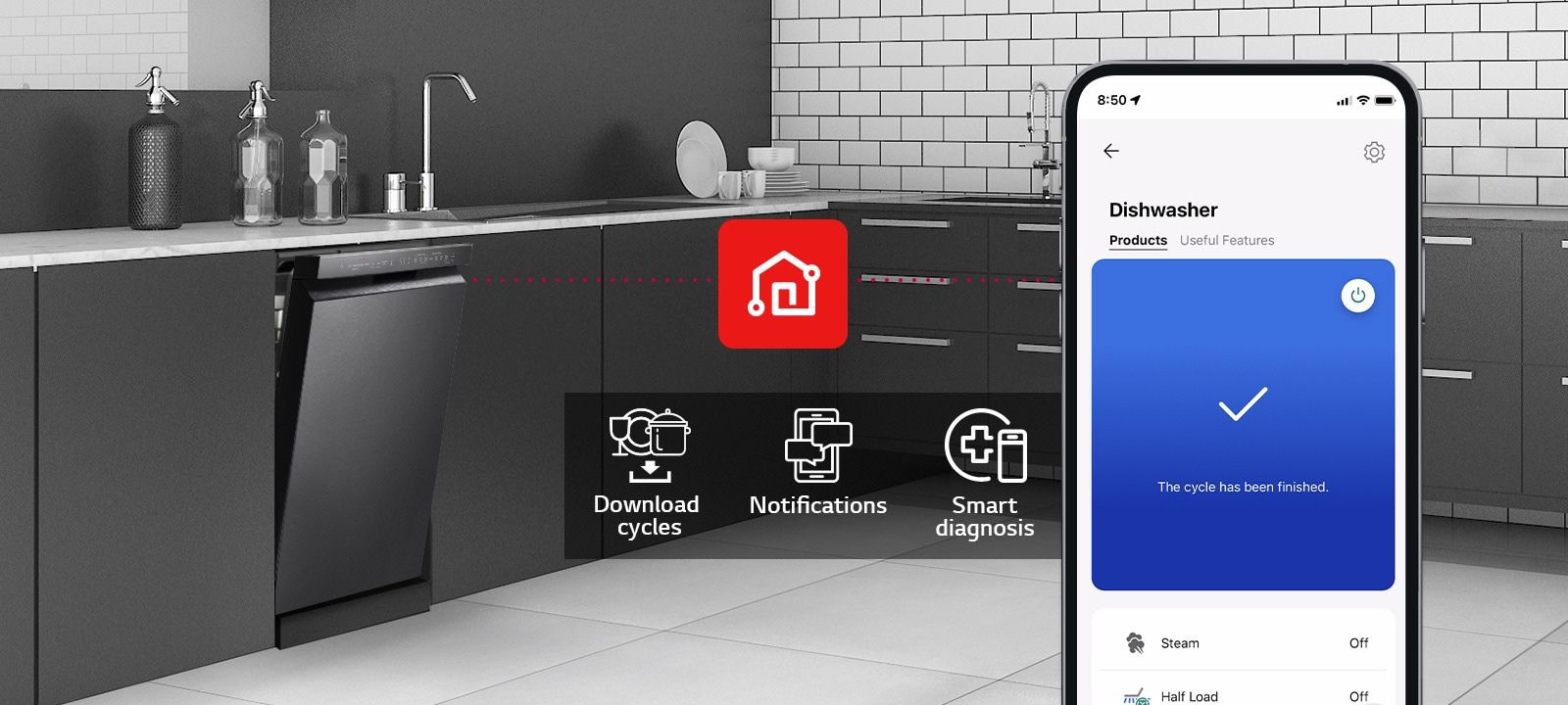 Kết nối Wi-Fi điều khiển từ xa bằng app LG ThinQ, chọn chế độ rửa, hẹn giờ và nhận thông báo