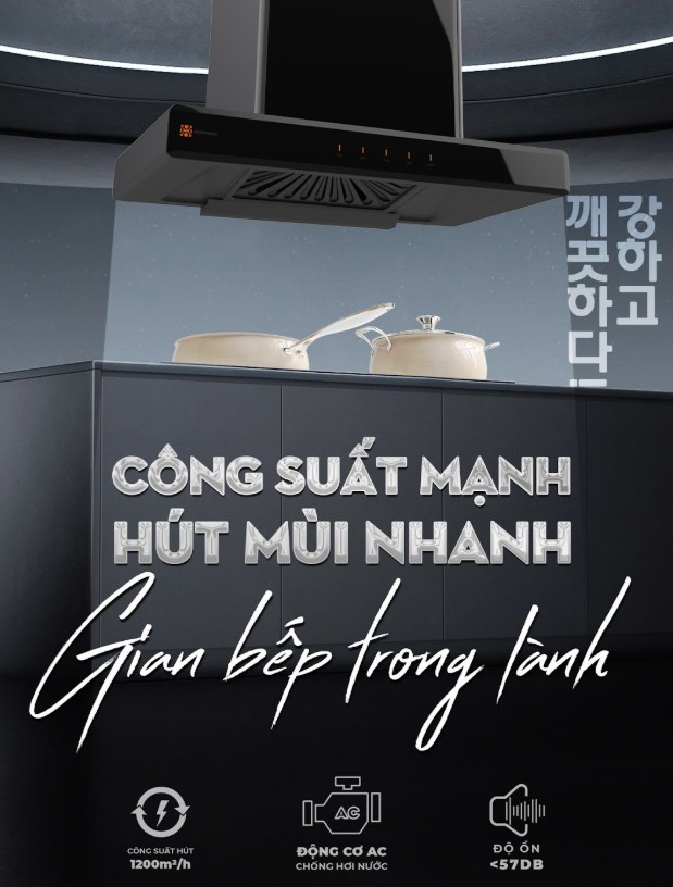 Máy hút mùi áp tường Hawonkoo HRH-702 có thiết kế đen sang trọng, bo góc tinh tế, phù hợp mọi gian bếp hiện đại