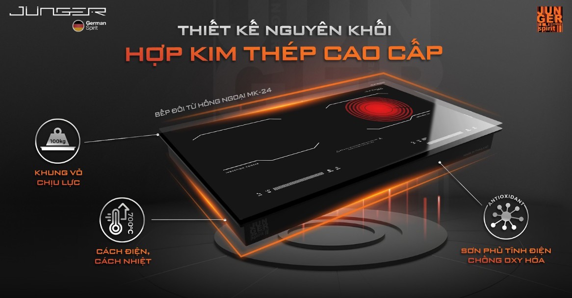 Bếp từ đôi lắp âm Junger MK-22 nổi bật với thiết kế nguyên khối sang trọng, hiện đại.