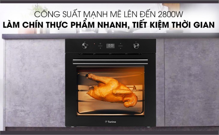 Lò nướng âm Torino TSS0101 75 lít có quạt đối lưu, vận hành với công suất lớn, giúp thực phẩm chín nhanh hơn