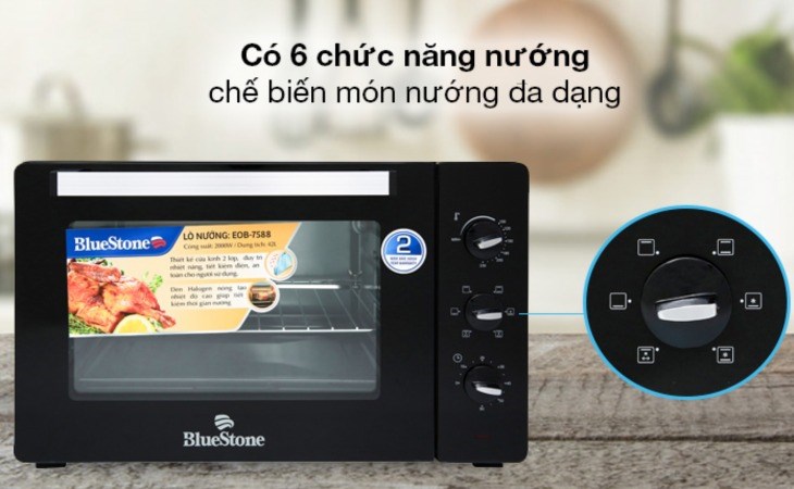 Lò nướng BlueStone EOB-7588 42 lít được trang bị 6 chức năng nướng, giúp nấu đa dạng món ăn