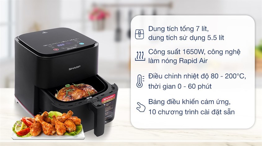 Nồi chiên không dầu Sharp KF-AF70EV-BK 7 lít được nhiều người nội trợ tin dùng nhờ thiết kế đẹp và tính năng tiện lợi