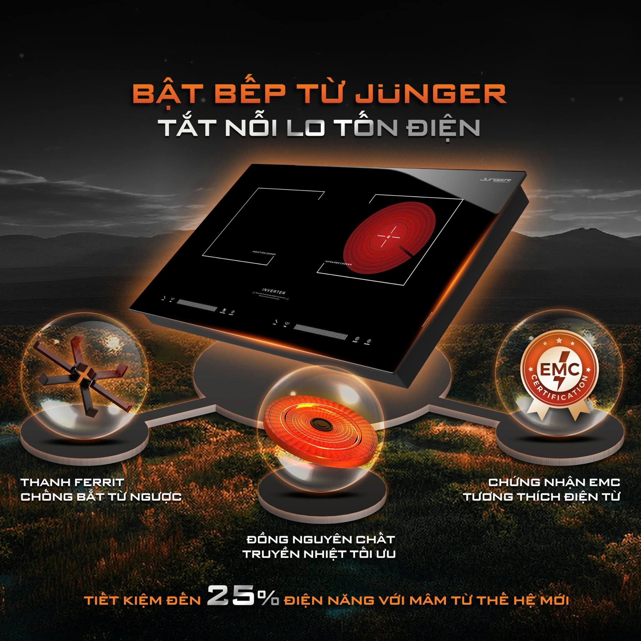 Bếp từ hồng ngoại Junger SIS-66 âm kính Ceramic, 2 vùng nấu, tổng công suất 4200W, an toàn cao