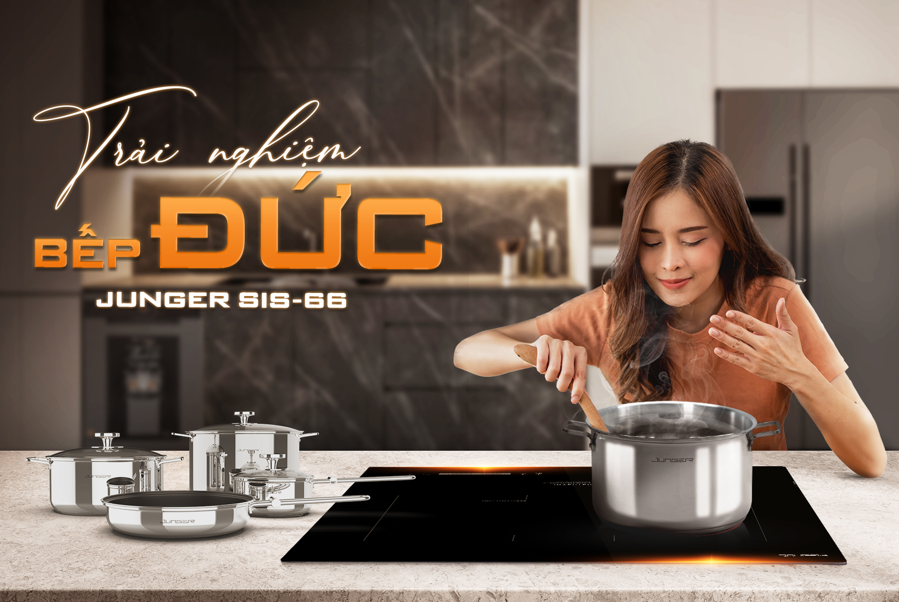 Bếp từ hồng ngoại lắp âm Junger SIS-66 với vùng nấu hồng ngoại có thể sử dụng cho đa dạng mọi loại nồi, chảo
