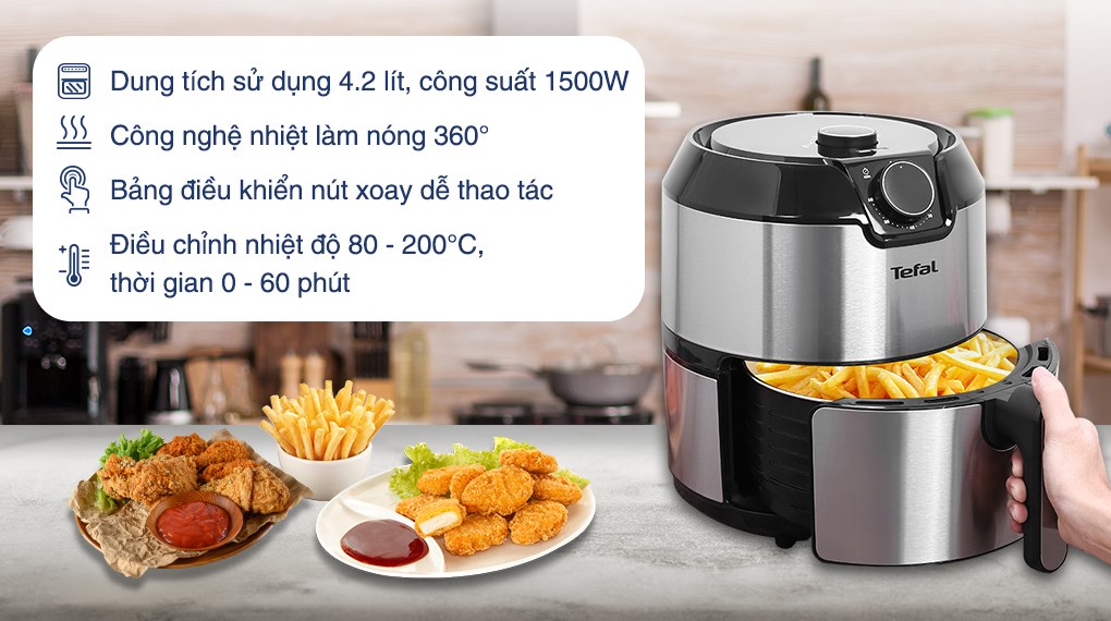 Nồi chiên không dầu Tefal EY201D15 4.2 lít giúp hạn chế dầu mỡ, thức ăn vàng đều, giòn và thơm ngon hơn, mang đến bữa ăn dinh dưỡng, an toàn