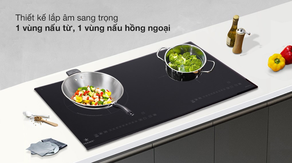 Bếp từ hồng ngoại lắp âm Pramie 2108 có 2 vùng nấu tiện lợi