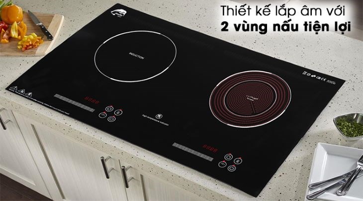 Bếp từ hồng ngoại lắp âm Iruka I-20N được thiết kế 1 vùng nấu điện từ và 1 vùng nấu hồng ngoại