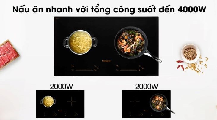 Tổng công suất 4000W chia đều 2 vùng nấu, làm nóng vật dụng nấu nhanh chóng, tiết kiệm điện