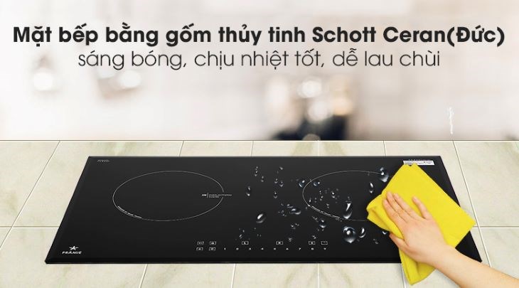 Mặt bếp từ Pramie được làm chất liệu Ceramic - Schott Ceran (Đức) chịu nhiệt, chịu lực tốt, chống trầy xước và dễ vệ sinh