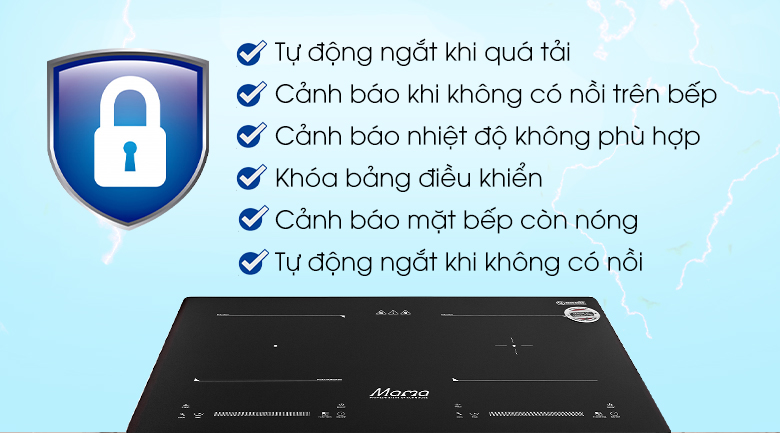 Bếp từ đôi lắp âm Sunhouse Mama MMB9201DIH được tích hợp các âm thanh cảnh báo giúp hạn chế các tình huống nguy hiểm và tăng tuổi thọ cho máy