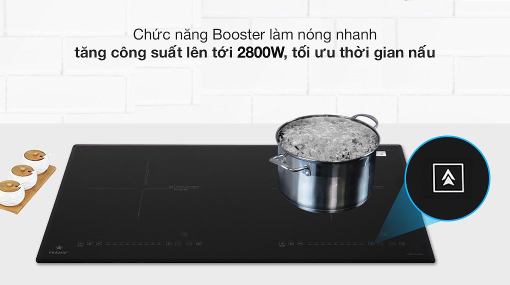 Bếp từ đôi lắp âm Pramie 2208 giúp đun sôi nước nhanh chóng nhờ tính năng Booster