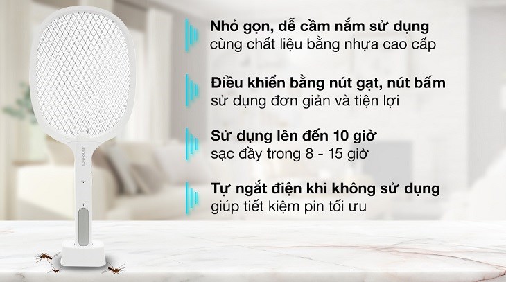 Vợt muỗi thông minh 3 in 1 Sunhouse SHE-Pro11.W có thiết kế nhỏ gọn, dễ cầm nắm và sử dụng