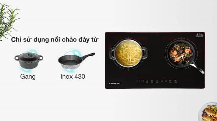 Bếp từ đôi lắp âm Sunhouse SHB9111MT chỉ sử dụng nồi, chảo có đáy nhiễm từ