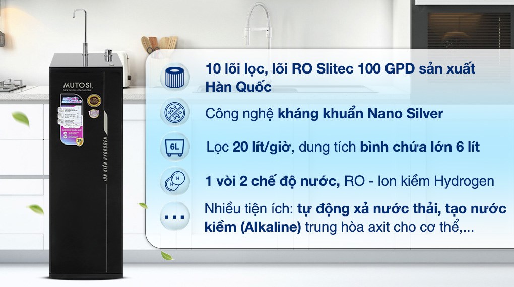 Máy lọc nước RO Hydrogen ion kiềm Mutosi MP-S1001H 10 lõi lọc sạch cho nước đầu ra đạt chuẩn Quốc gia Máy lọc nước RO Hydrogen ion kiềm Mutosi MP-S1001H 10 lõi lọc sạch cho nước đầu ra đạt chuẩn Quốc gia