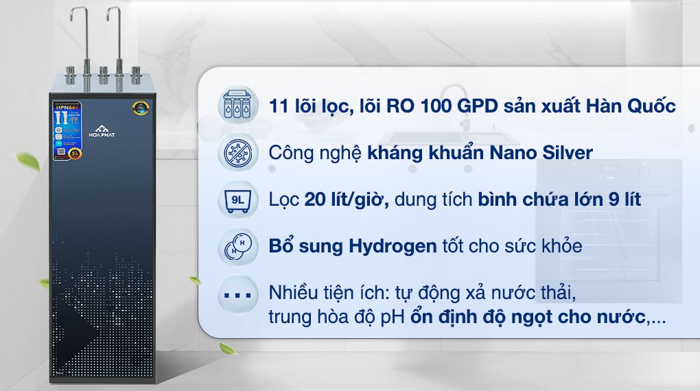 Máy lọc nước RO nóng nguội lạnh Hòa Phát HPN666 11 lõi có thể lọc sạch tạp chất, bùn đất và vi khuẩn gây hại trong nước Máy lọc nước RO nóng nguội lạnh Hòa Phát HPN666 11 lõi có thể lọc sạch tạp chất, bùn đất và vi khuẩn gây hại trong nước