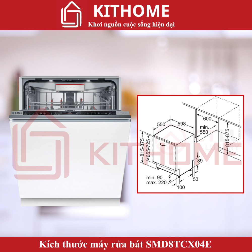 Kích thước tham khảo của máy rửa bát Bosch smd8tcx04e là khoảng 815 x 598 x 550 mm (CxRxS)