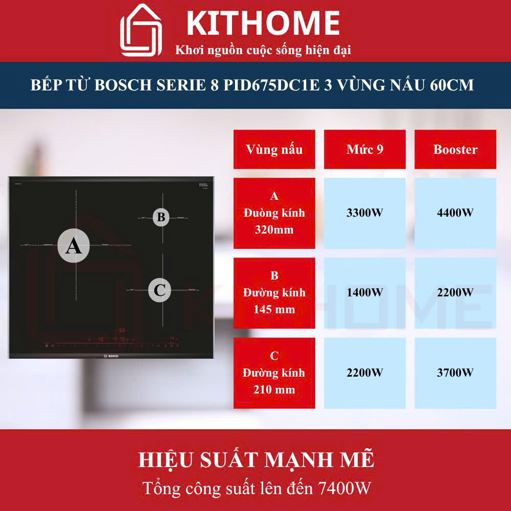 Bếp từ Bosch PID675DC1E Series 8 – Công suất 7.500W, gia nhiệt siêu nhanh, tiết kiệm tối đa thời gian nấu nướng