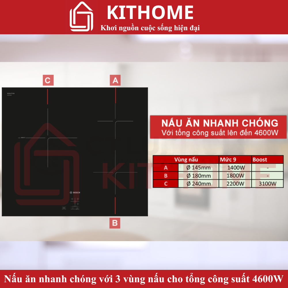 3 vùng nấu linh hoạt, tổng công suất 4600W