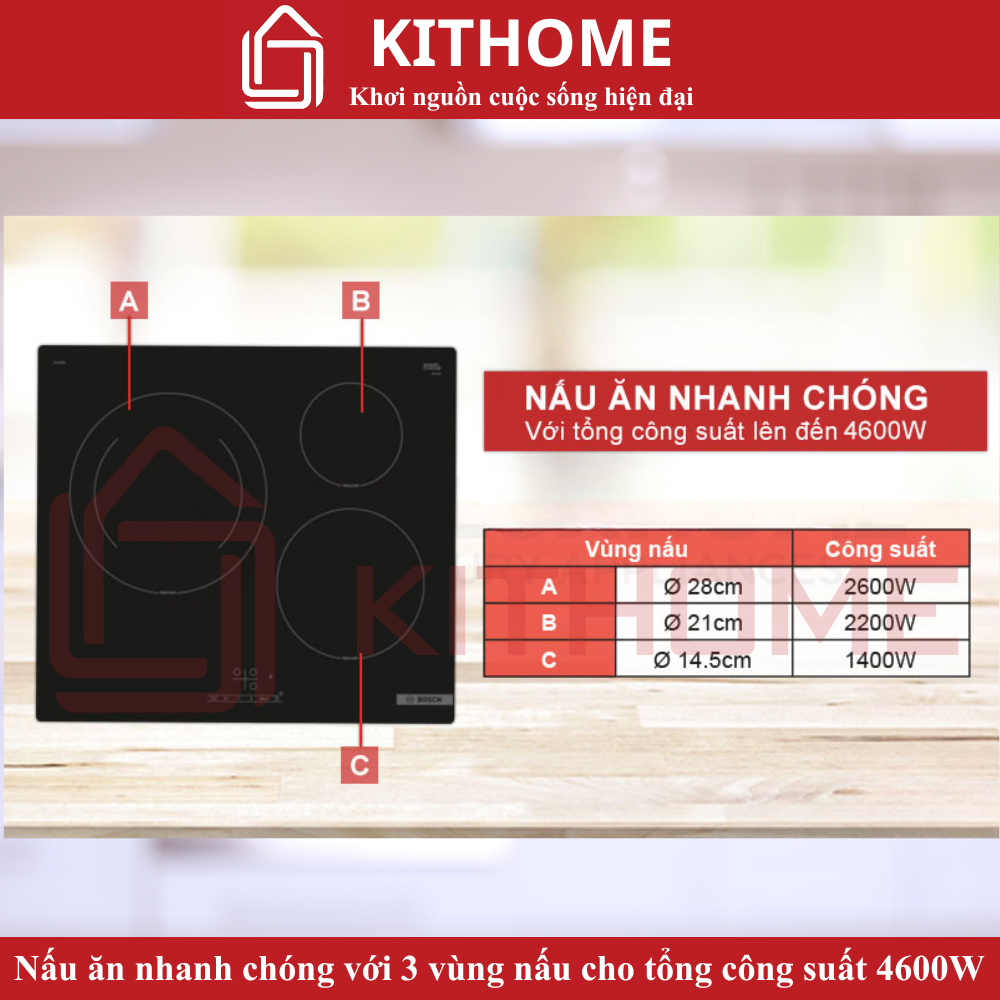Ba vùng nấu linh hoạt với tổng công suất 4600W