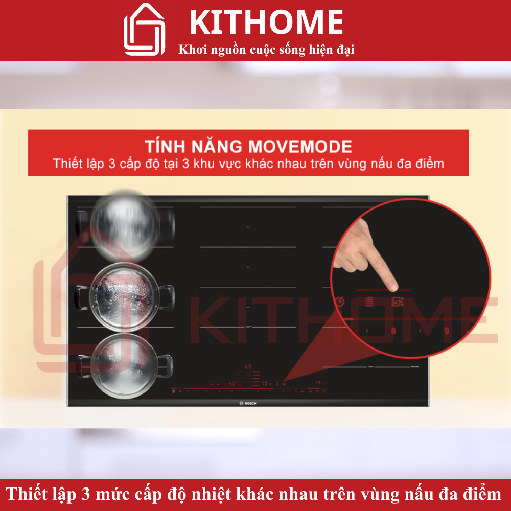 Thiết lập 3 mức cấp độ nhiệt khác nhau trên vùng nấu đa điểm với MoveMode