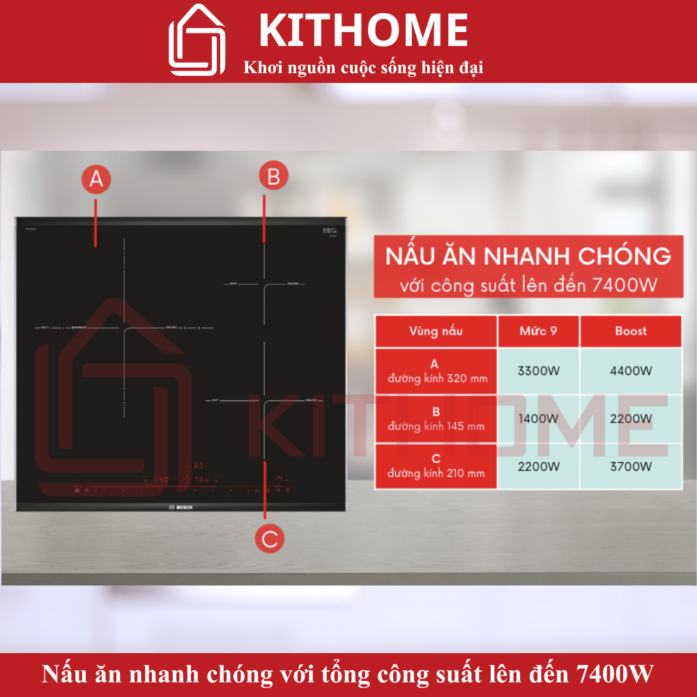 Ba vùng nấu với công suất tối đa 7400W
