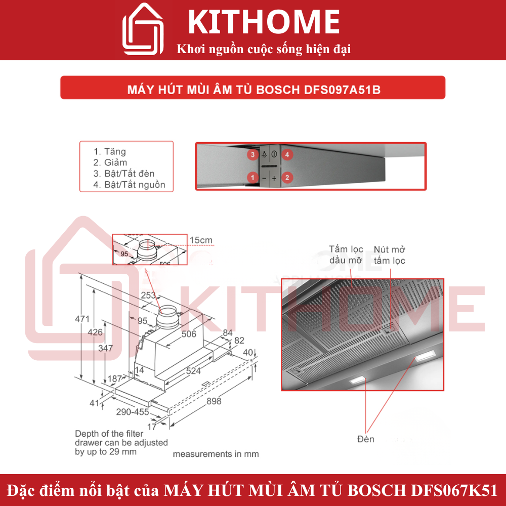 Đặc điểm nổi bật của Máy hút mùi âm tủ Bosch DFS097A51B Serie 4 ngang 90cm