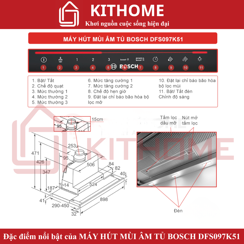 Đặc điểm nổi bật của Máy hút mùi âm tủ Bosch DFS097K51 Serie 8 ngang 90cm