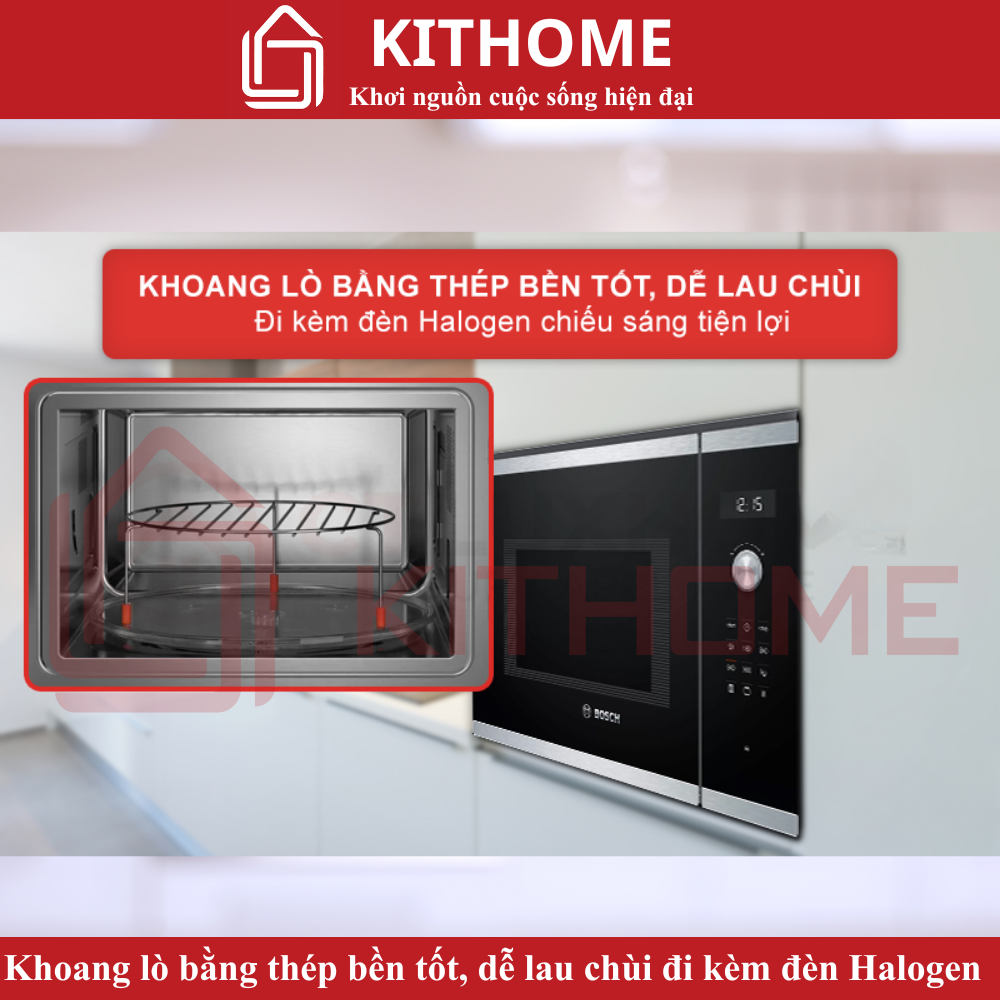 Khoang lò bằng thép bền bỉ, đèn Halogen chiếu sáng