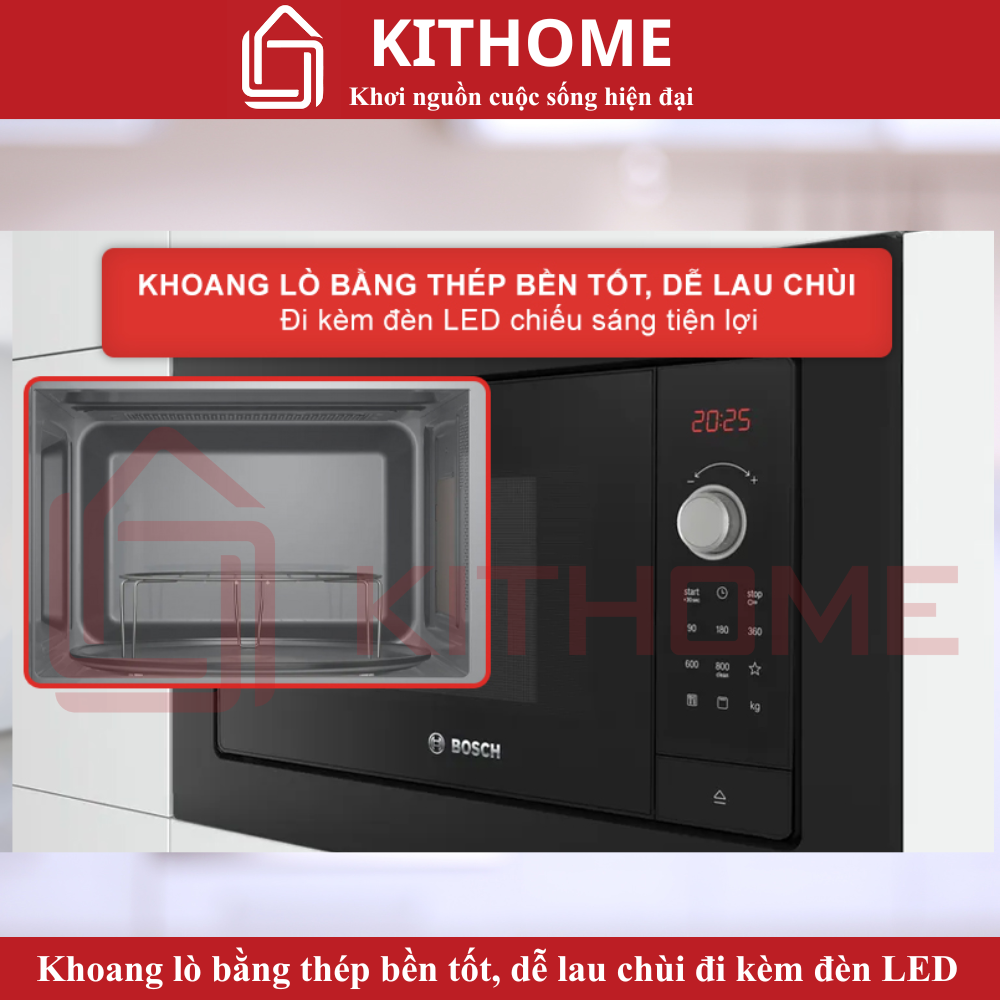 Khoang lò bằng thép không gỉ và đèn LED chiếu sáng