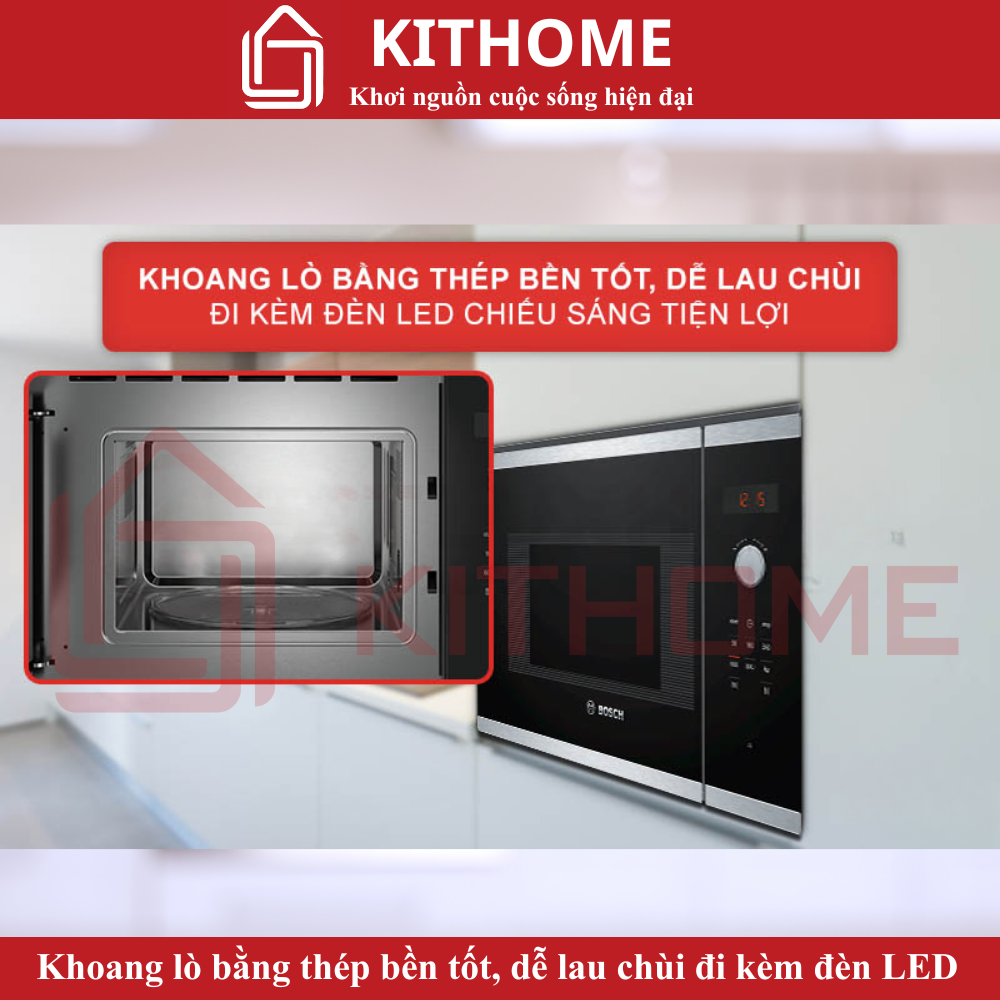 Khoang lò bằng thép bền bỉ, dễ vệ sinh, đi kèm đèn LED chiếu sáng