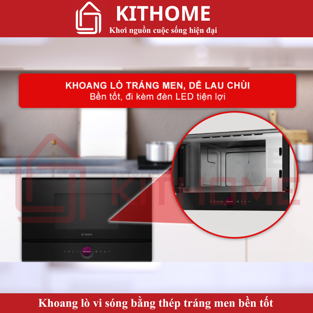 Khoang lò vi sóng bằng thép tráng men bền tốt, dễ lau chùi đi kèm đèn LED tiện lợi