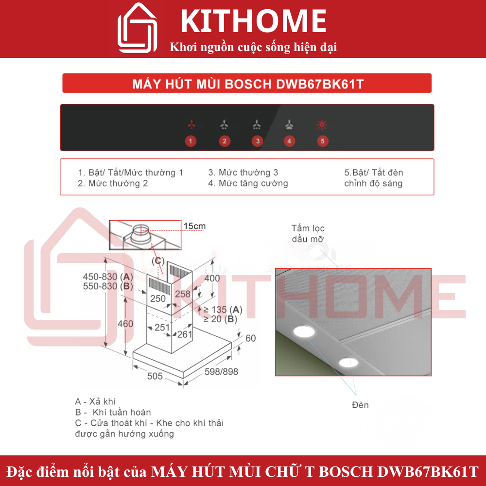 Đặc điểm nổi bật của Máy hút mùi chữ T Bosch DWB67BK61T Serie 4