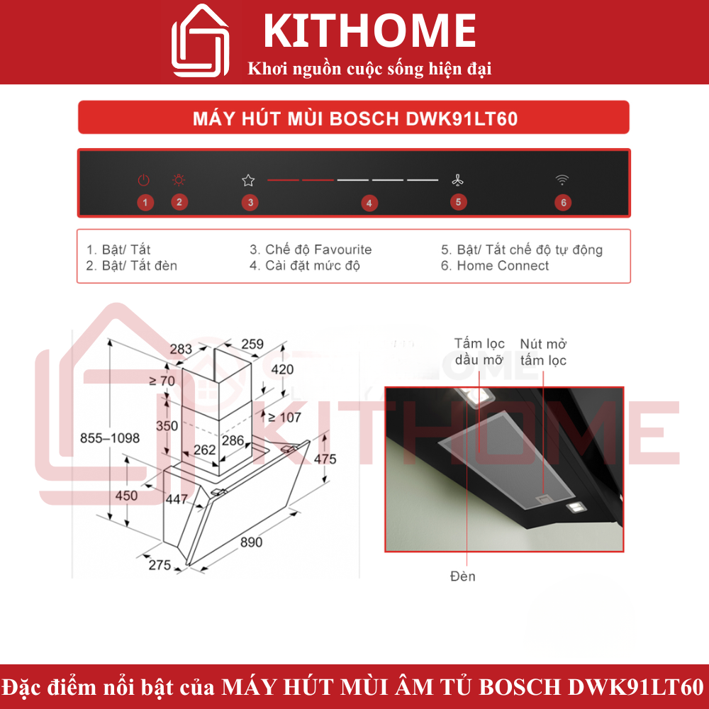 Đặc điểm nổi bật của Máy hút mùi kính vát Bosch DWK91LT60