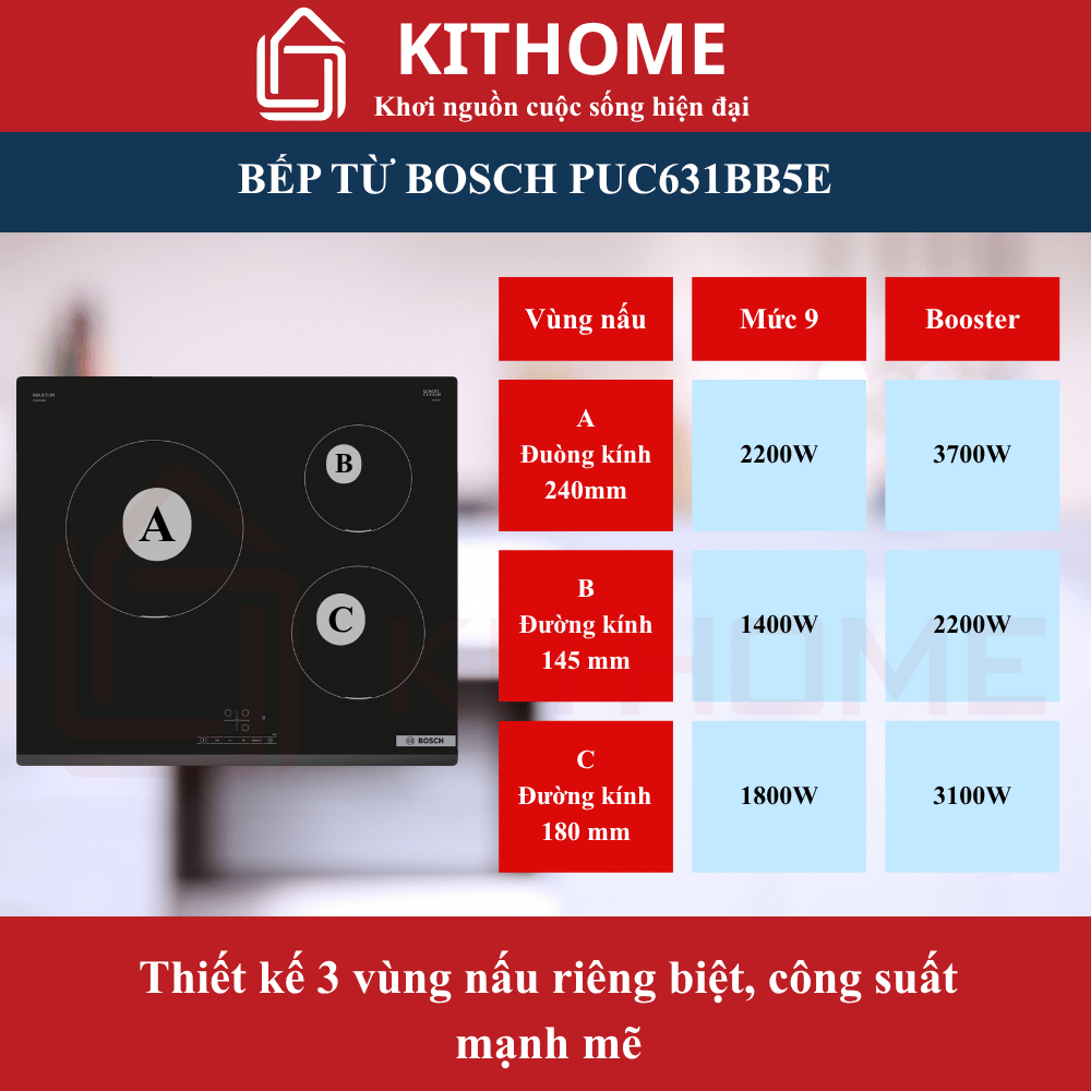 Bếp từ âm Bosch PUC631BB5E – Thiết kế 3 vùng nấu riêng biệt, công suất mạnh mẽ
