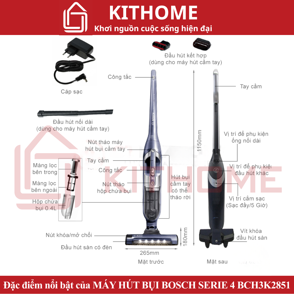 MÁY HÚT BỤI BOSCH BCH3K2851 SERIE 4 2IN1 MÀU XANH