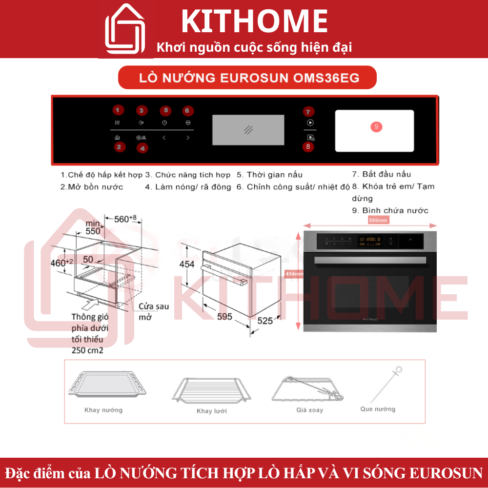 Đặc điểm nổi bật của LÒ NƯỚNG TÍCH HỢP LÒ HẤP VÀ VI SÓNG EUROSUN OMS36EG 36L