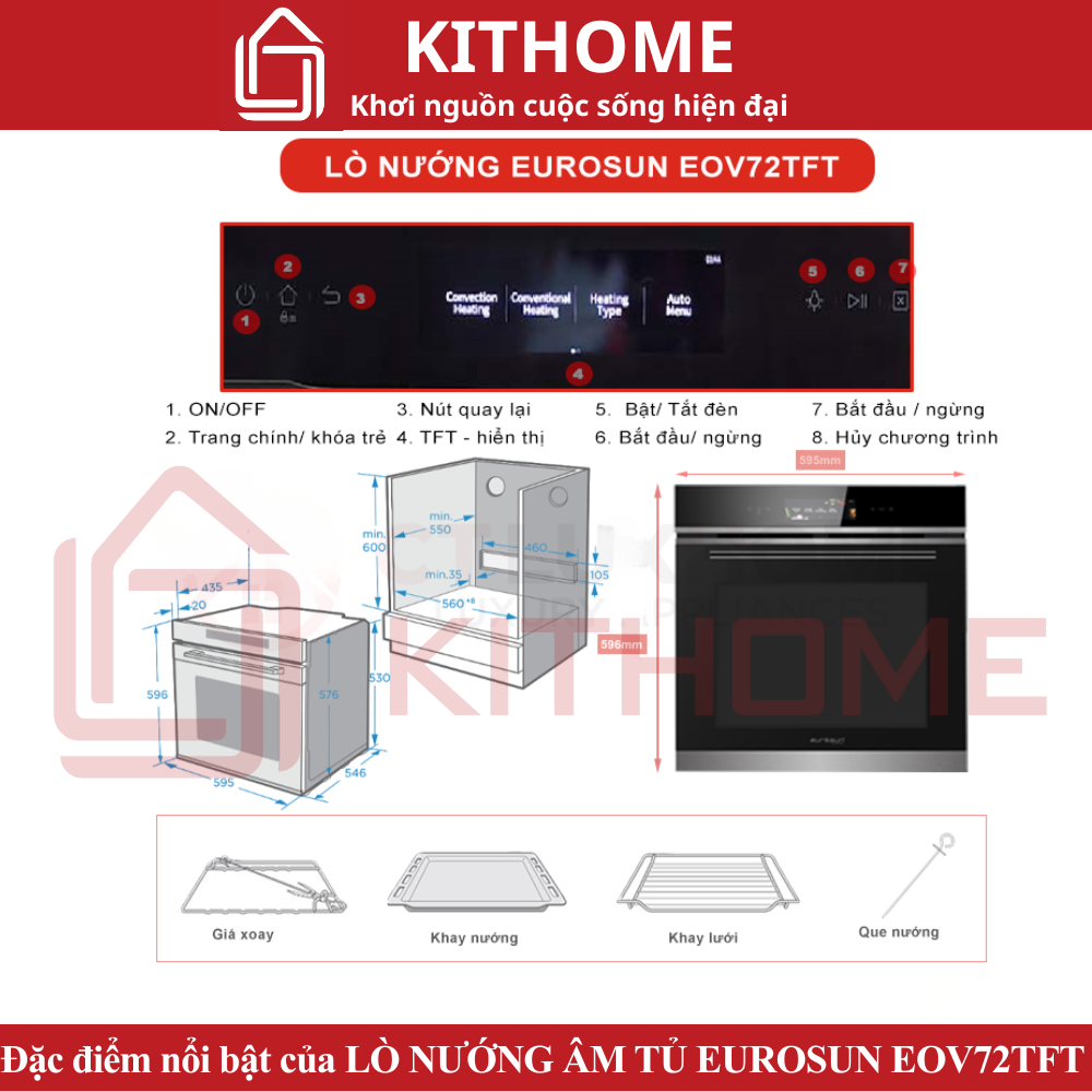 Đặc điểm nổi bật của LÒ NƯỚNG ÂM TỦ EUROSUN EOV72TFT 72 LÍT