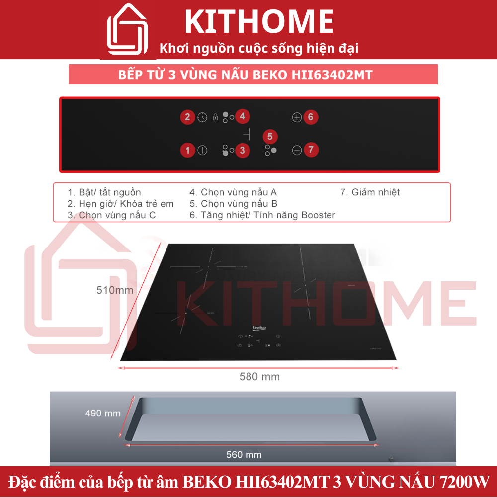 BẾP TỪ ÂM BEKO HII63402MT 3 VÙNG NẤU 7200W