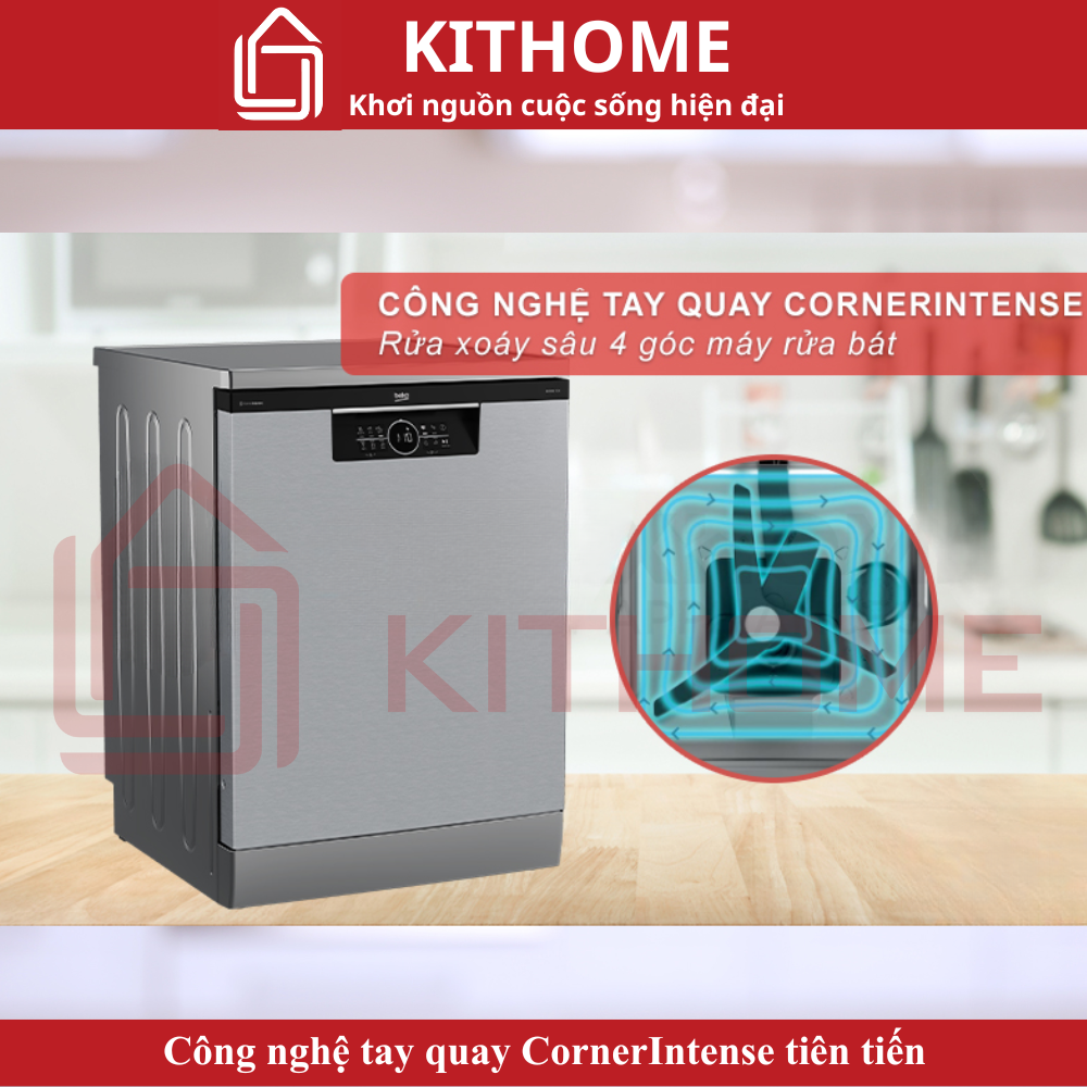 Rửa xoáy sâu 4 góc máy rửa bát nhờ công nghệ tay quay CornerIntense tiên tiến