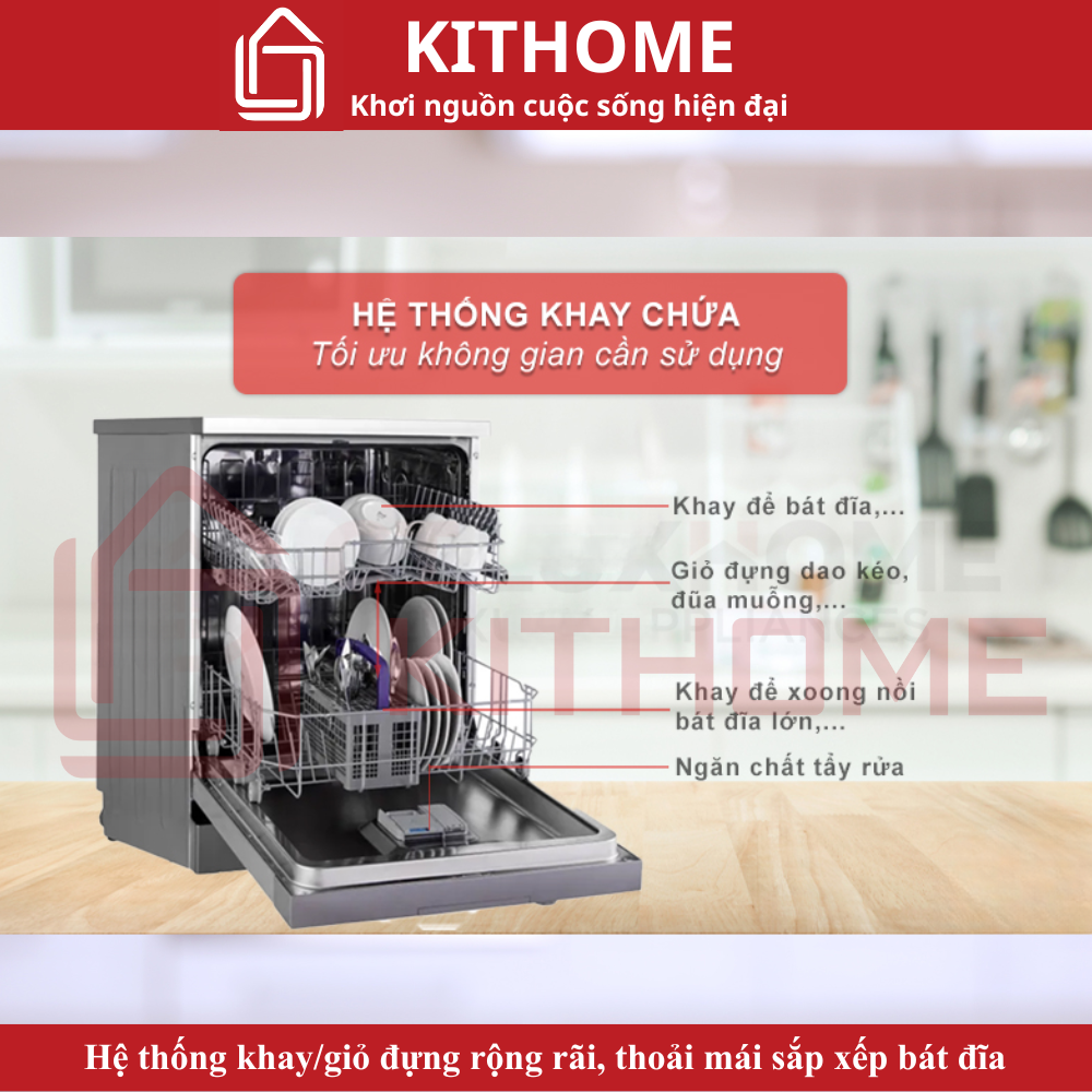 Giàn chứ rộng rãi giúp người dùng thoải mái sắp xếp bát đĩa