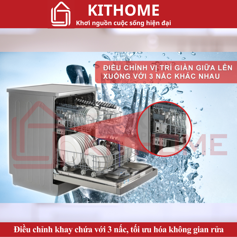 Điều chỉnh khay chứa với 3 nấc, tối ưu hóa không gian rửa