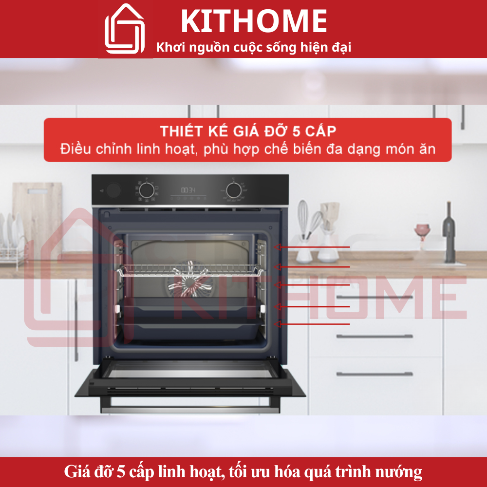 Giá đỡ 5 cấp linh hoạt, tối ưu hóa quá trình nướng Giá đỡ 5 cấp linh hoạt, tối ưu hóa quá trình nướng