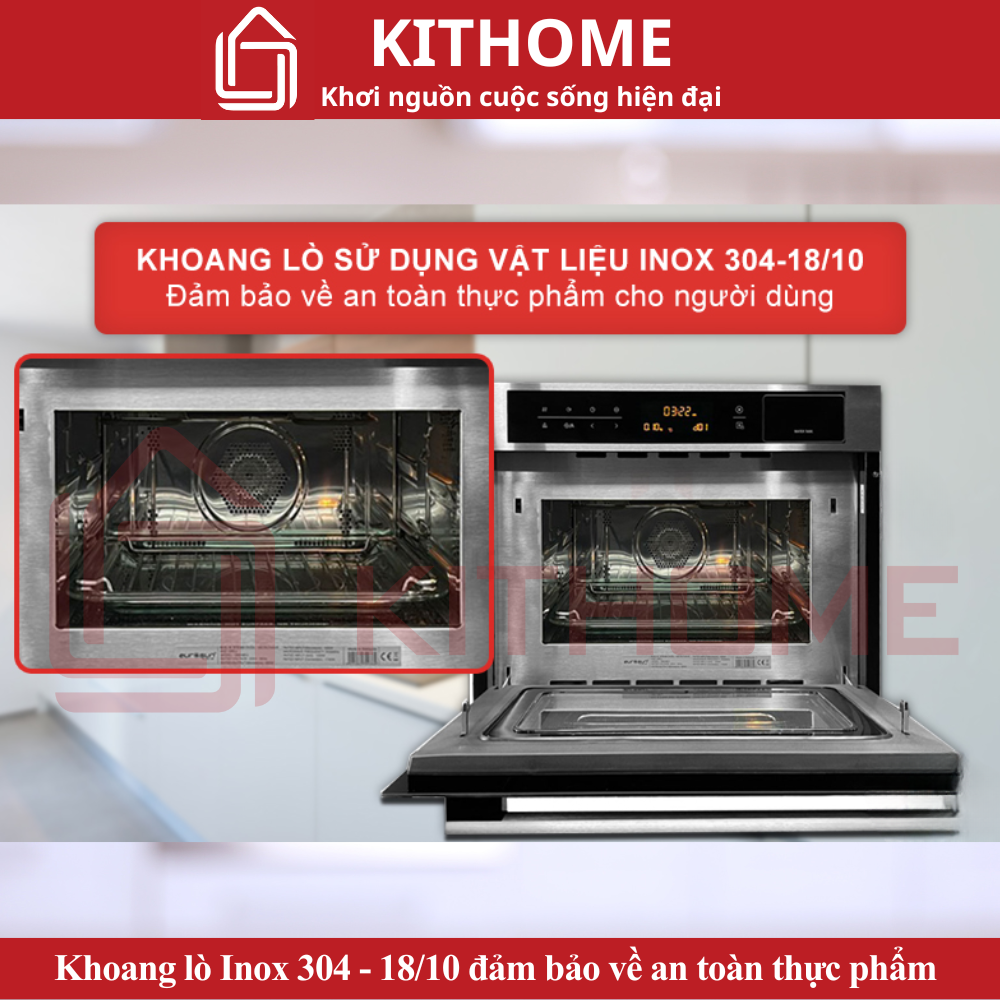 Khoang lò Inox 304 - 18/10 đảm bảo về an toàn thực phẩm đi kèm đèn Halogen chiếu sáng